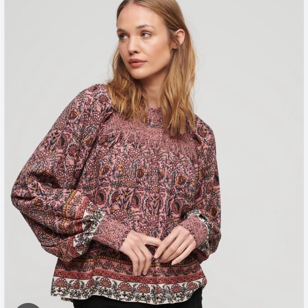 NWOT Superdry Smocked Long Sleeve Peasant Top Size 4 Mixed Print - Picture 1 of 9